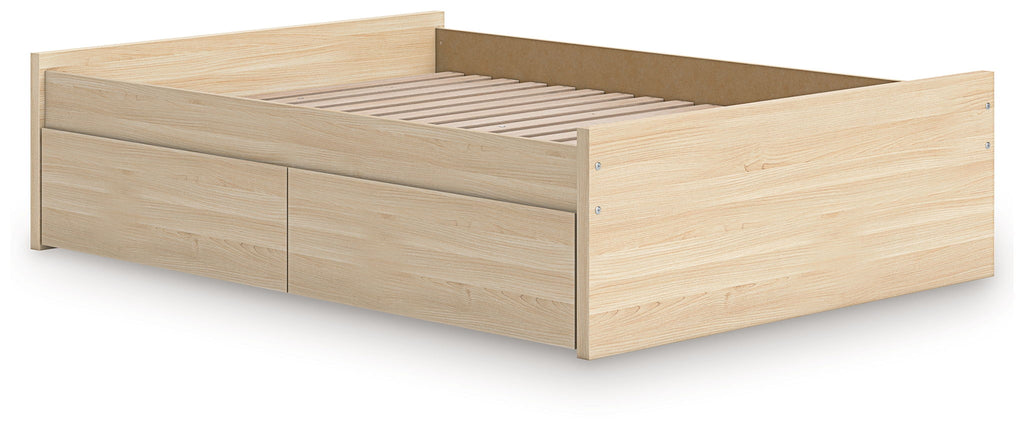 Light wood platform bed with two front drawers and open slat base