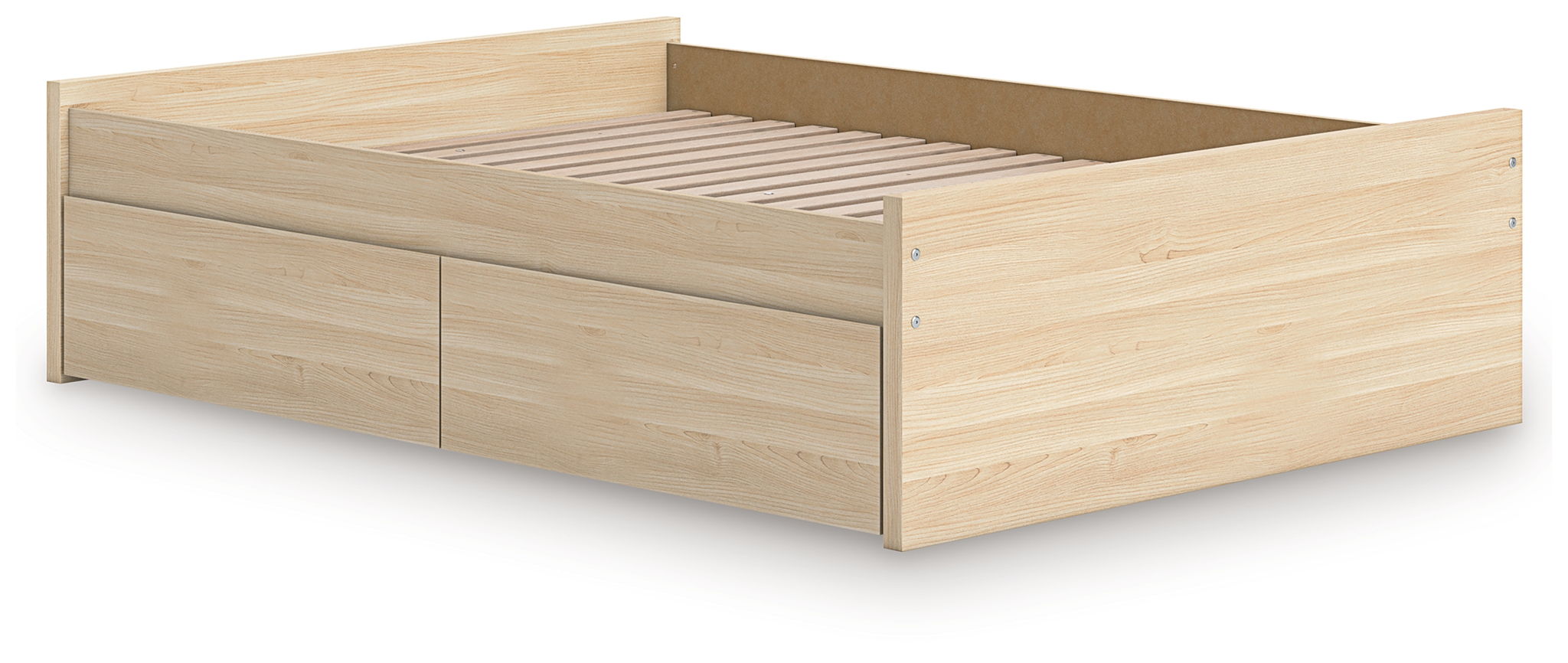 Light wood platform bed with two front drawers and open slat base