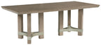 Gray rectangular dining table with four legs and cross-brace base