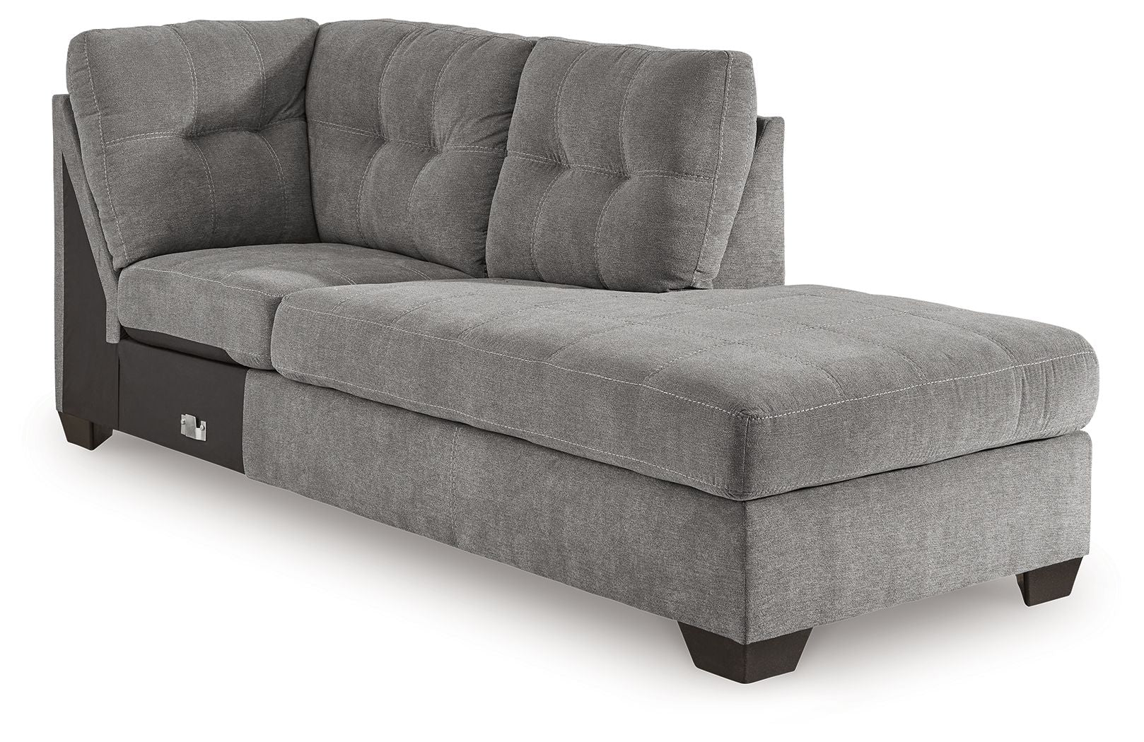 Gray fabric corner chaise with tufted back and track arms