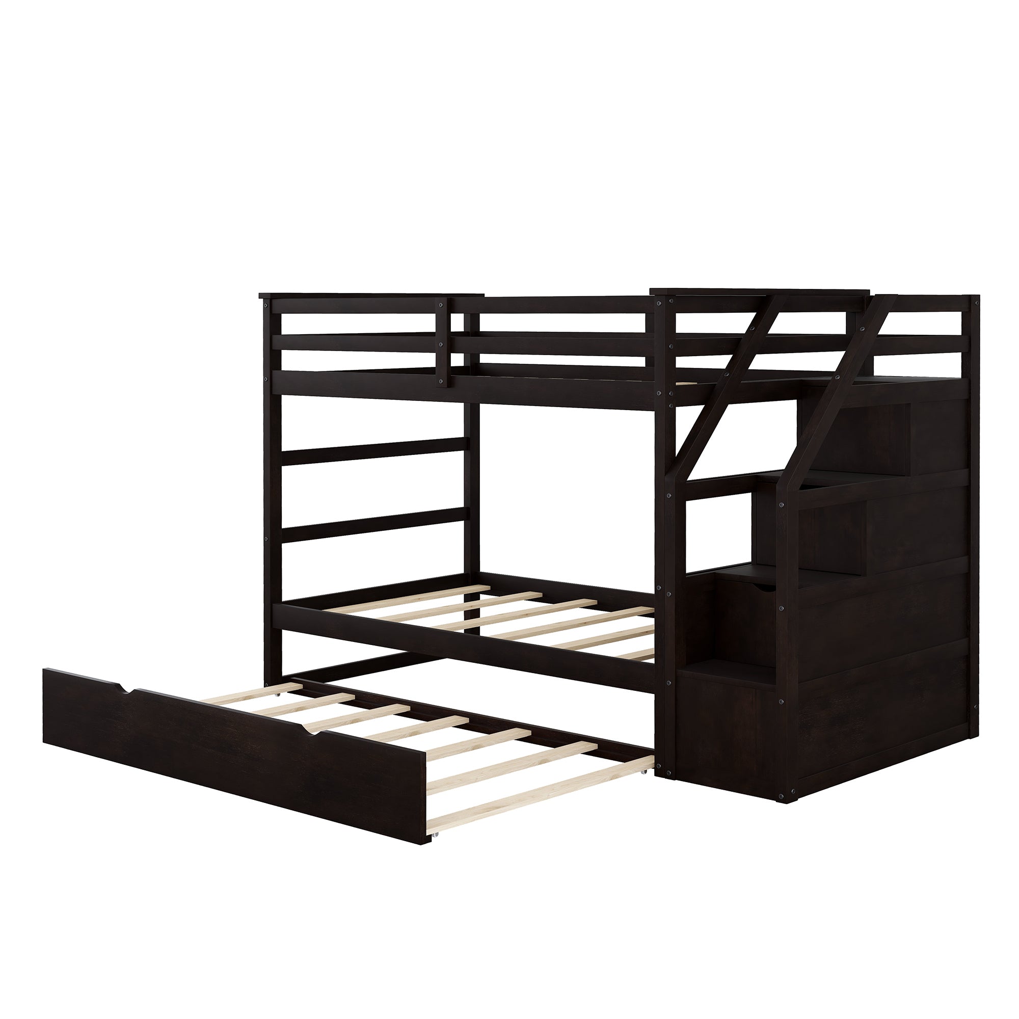 Twin over Twin Bunk Bed with Trundle & 3 Storage Stairs, Espresso