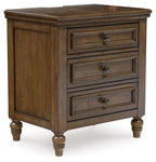 Brown three-drawer night stand with three recessed panels and round knobs