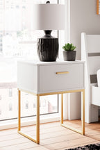 White night stand with one drawer and gold-tone bar handle, open under-frame.
