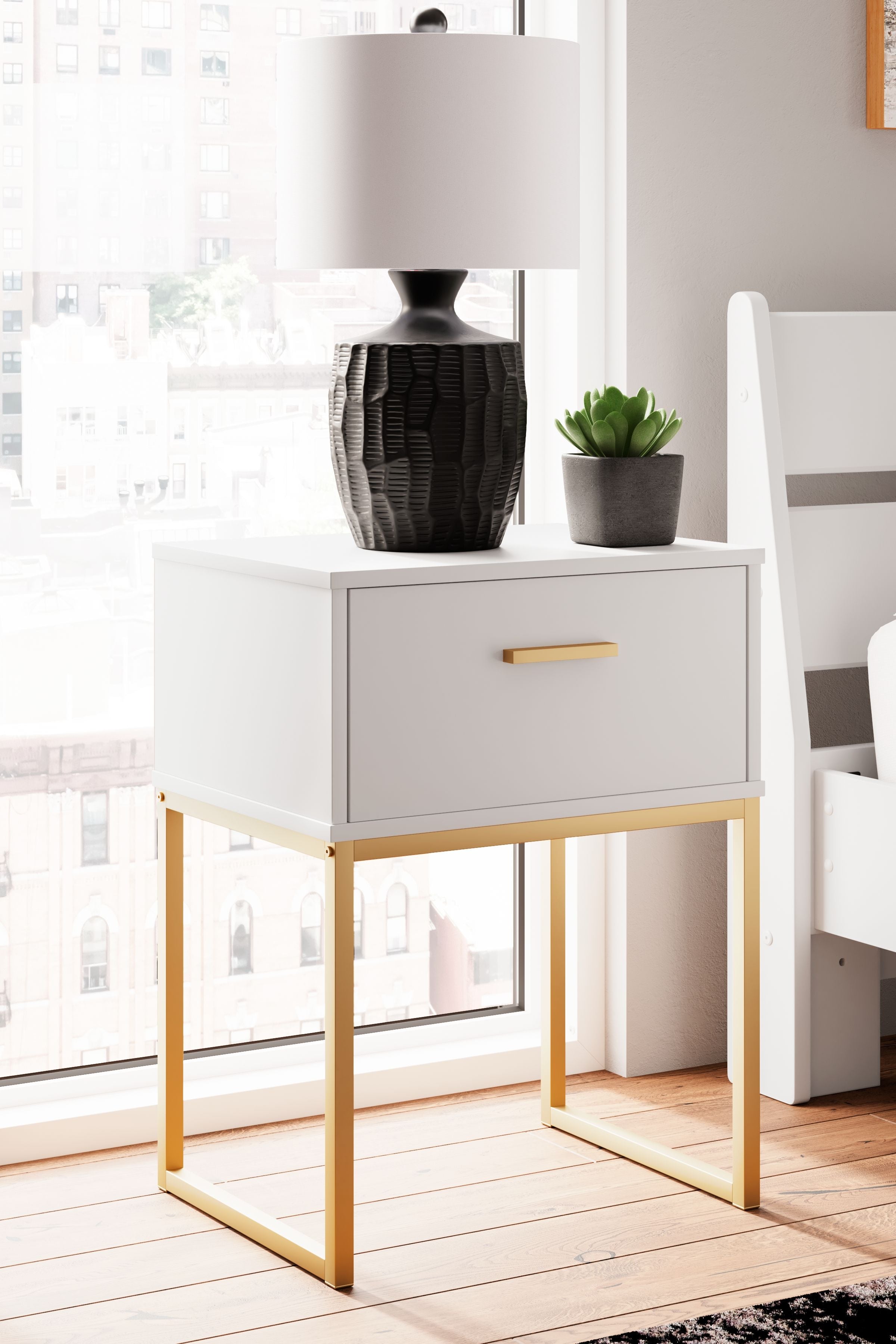 White night stand with one drawer and gold-tone bar handle, open under-frame.