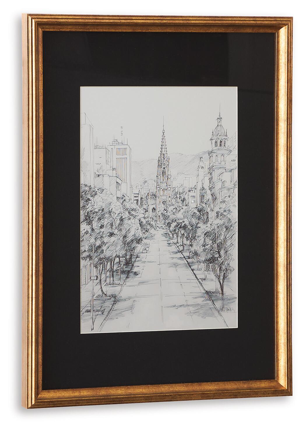 Framed black-and-white city street sketch with tall buildings and spires