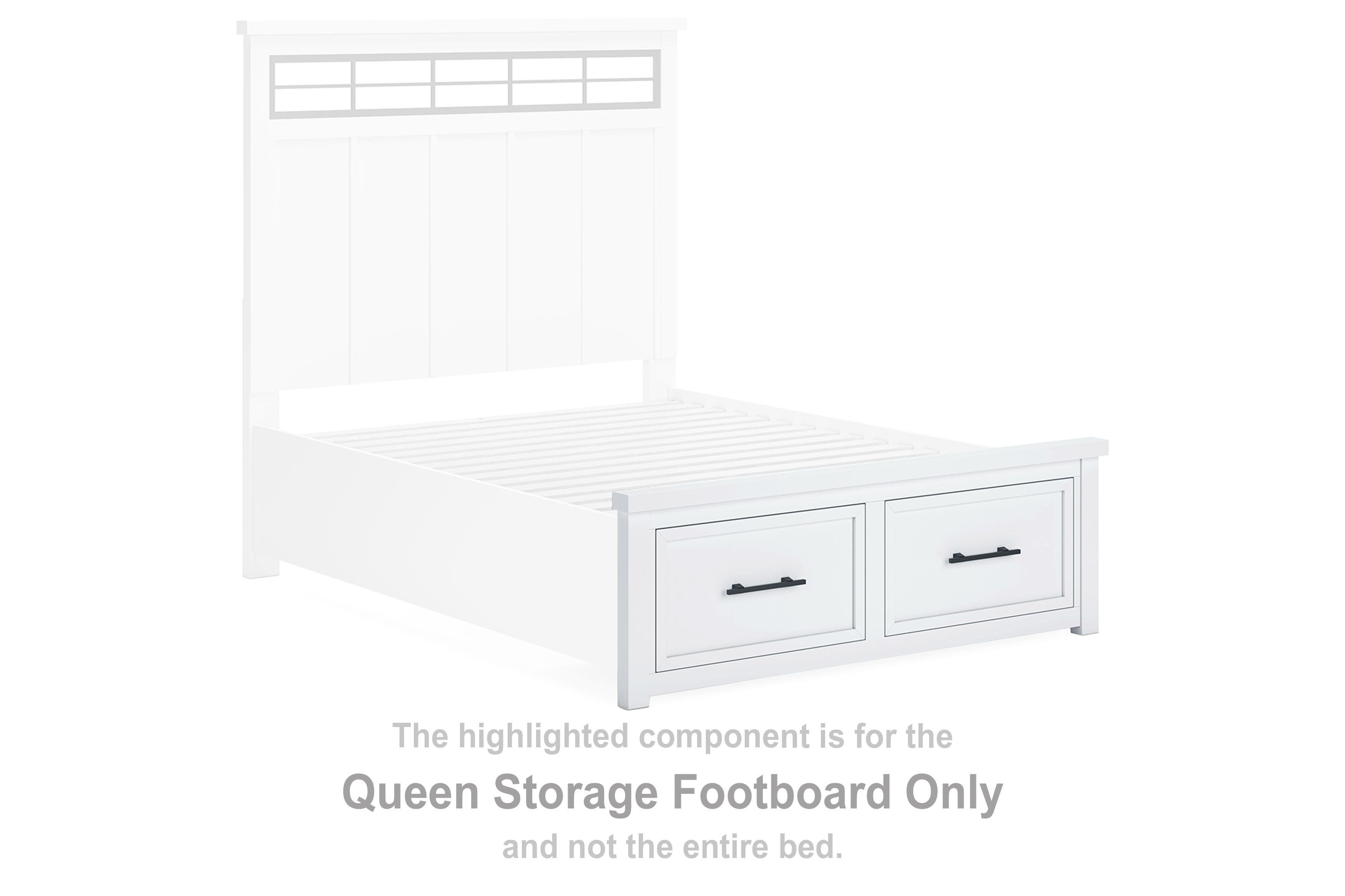 White queen storage footboard with two drawer cabinets and natural trim