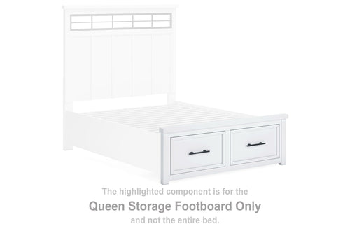White queen storage footboard with two drawer cabinets and natural trim
