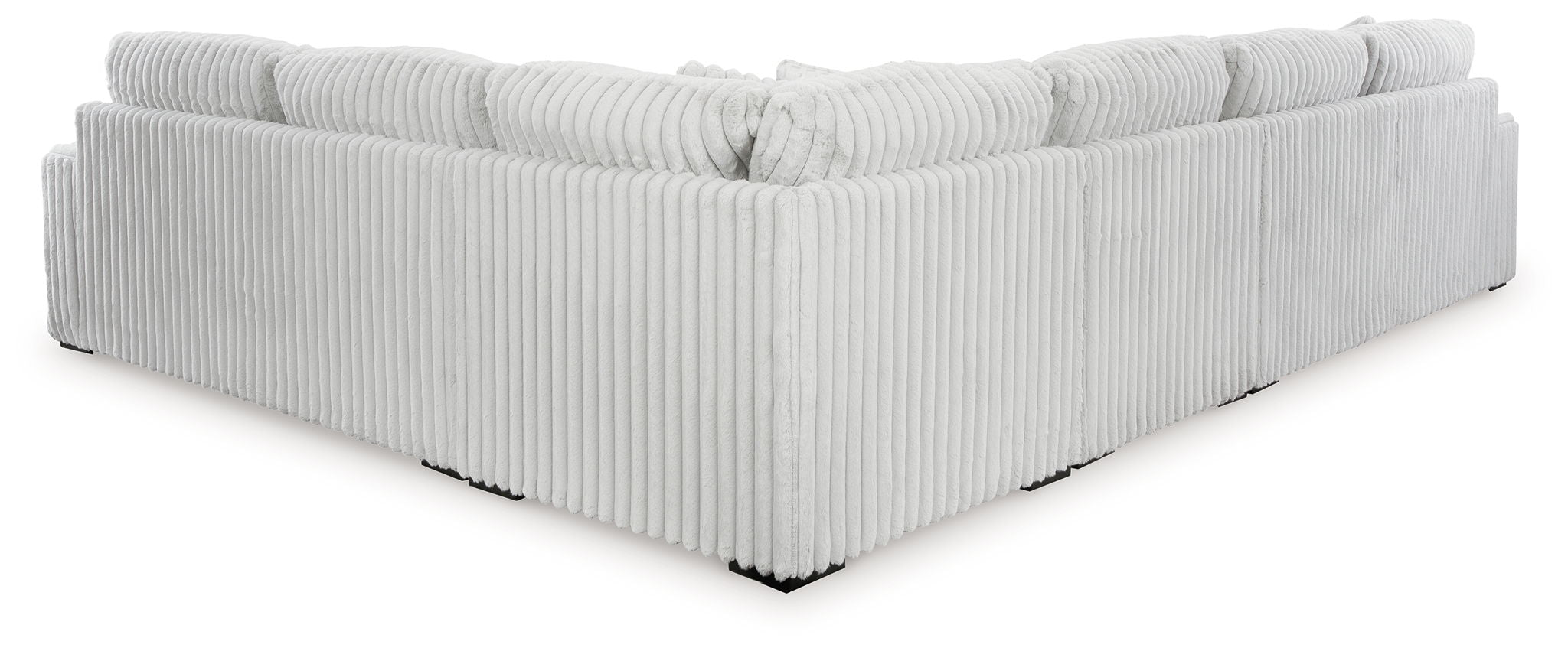 Gray sectional sofa chaise with ribbed upholstery, clean track arms, corner seam