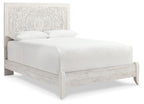Whitewash queen panel headboard with light upholstered bed frame