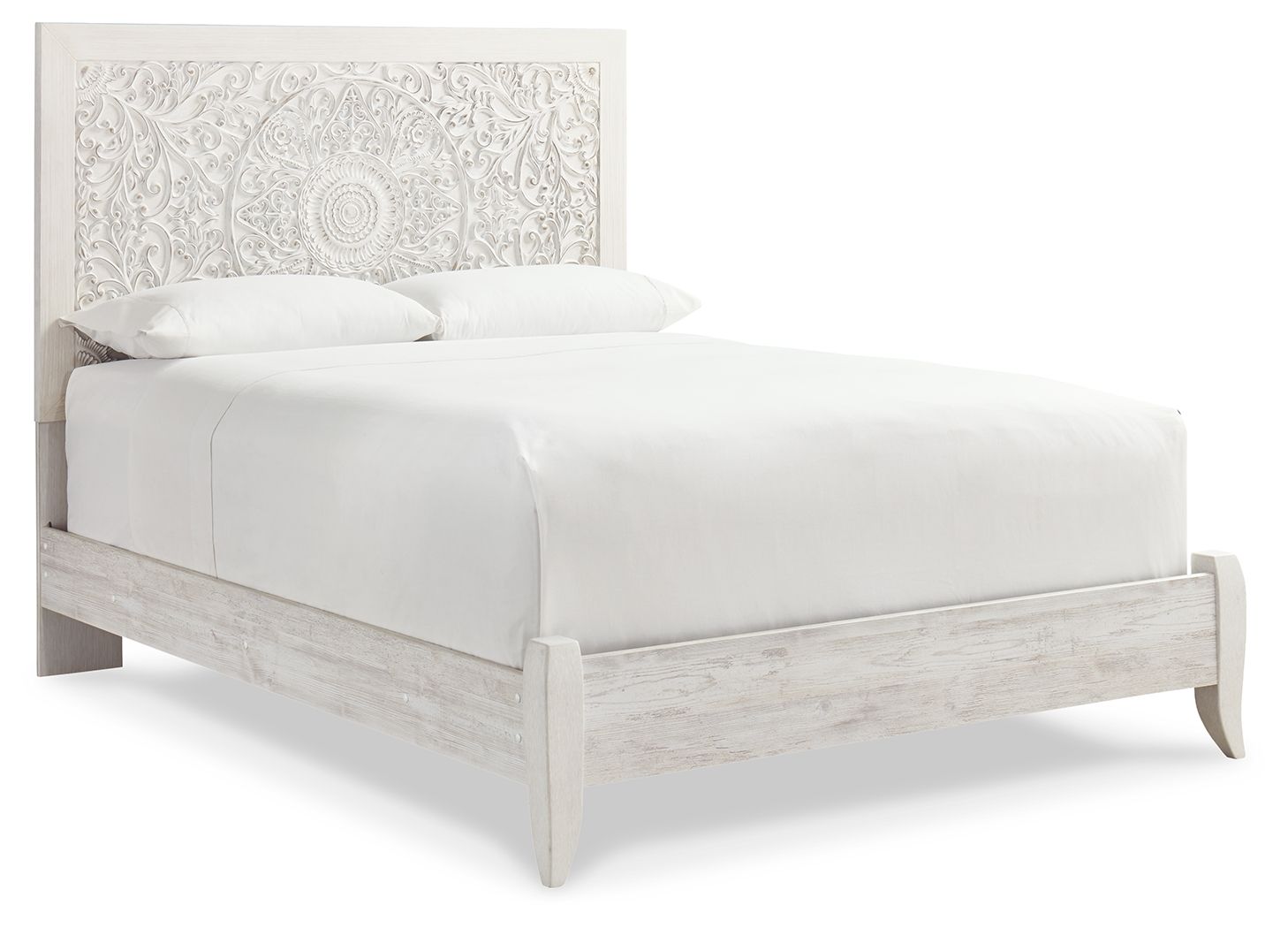 Whitewash queen panel headboard with light upholstered bed frame