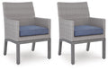 Gray woven arm chairs with blue-gray seat cushions, set of 2.