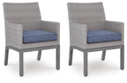 Gray woven arm chairs with blue-gray seat cushions, set of 2.