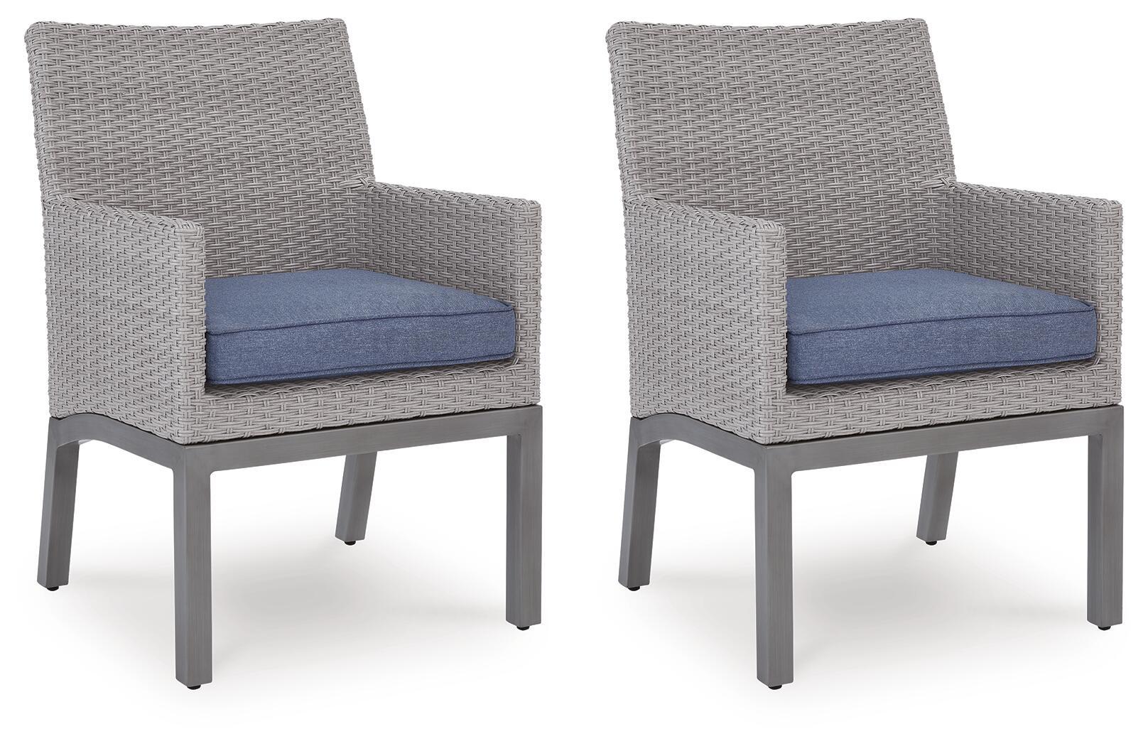 Gray woven arm chairs with blue-gray seat cushions, set of 2.