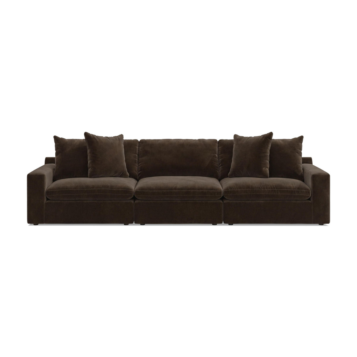 Dark brown 3-piece sectional sofa with 4 throw pillows and three seat sections