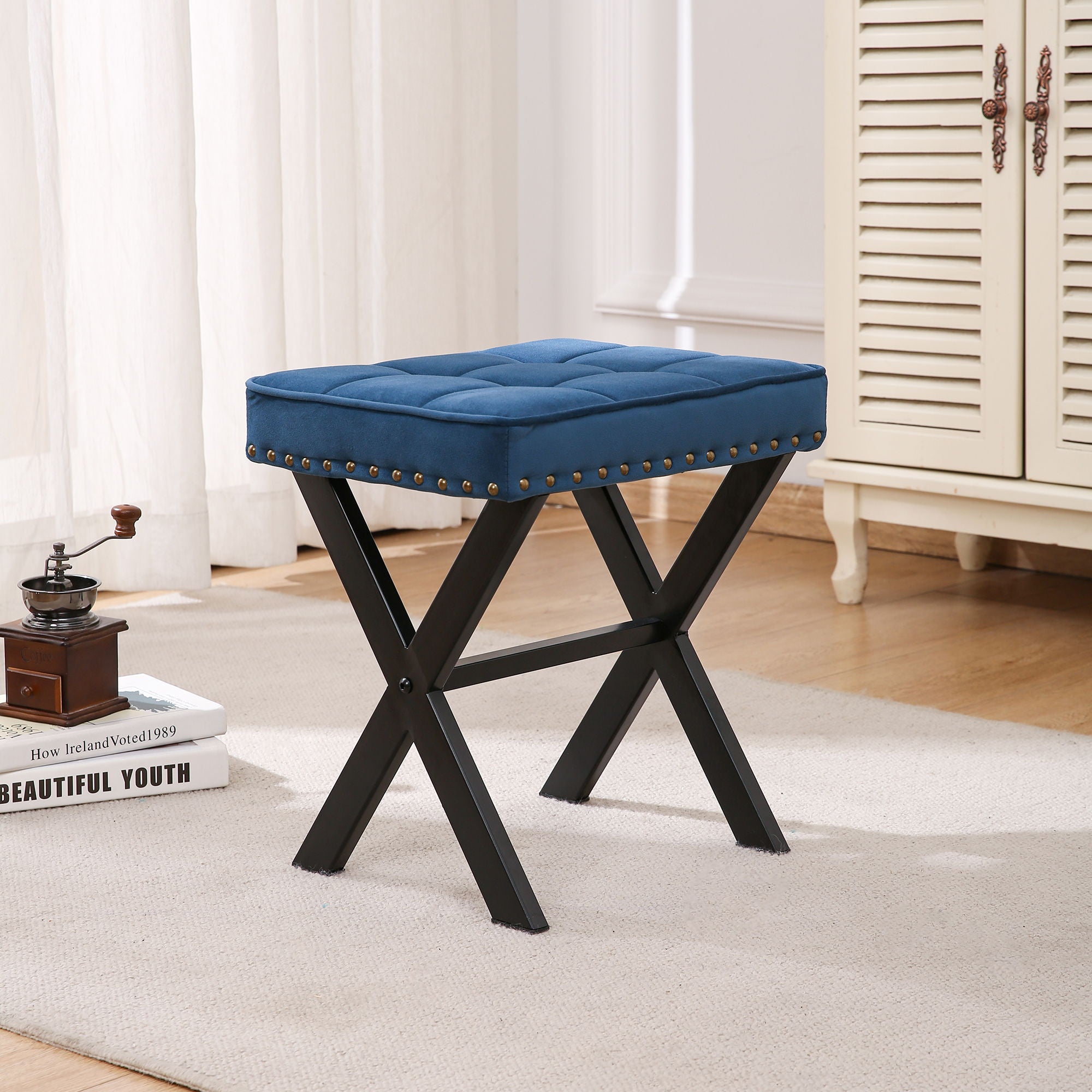 Fabric Upholstered Bench Ottoman Footstool Seat With X - Shaped Metal Legs (Blue)