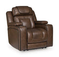 Brown power recliner chair with adjustable headrest and padded armrests
