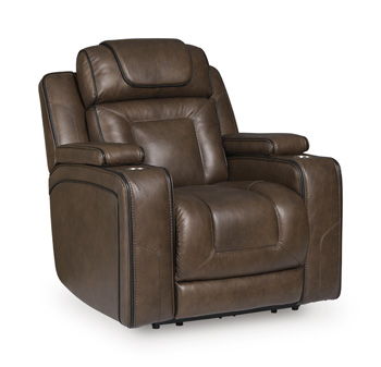 Brown power recliner chair with adjustable headrest and padded armrests