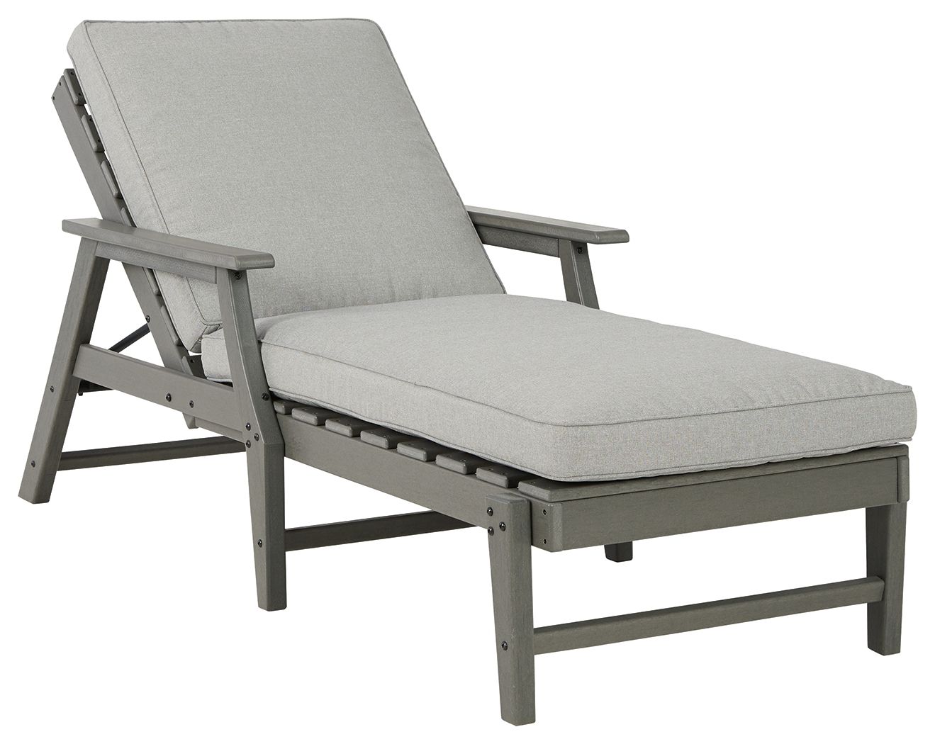 Gray chaise lounge chair with attached cushion, reclined back and side arms