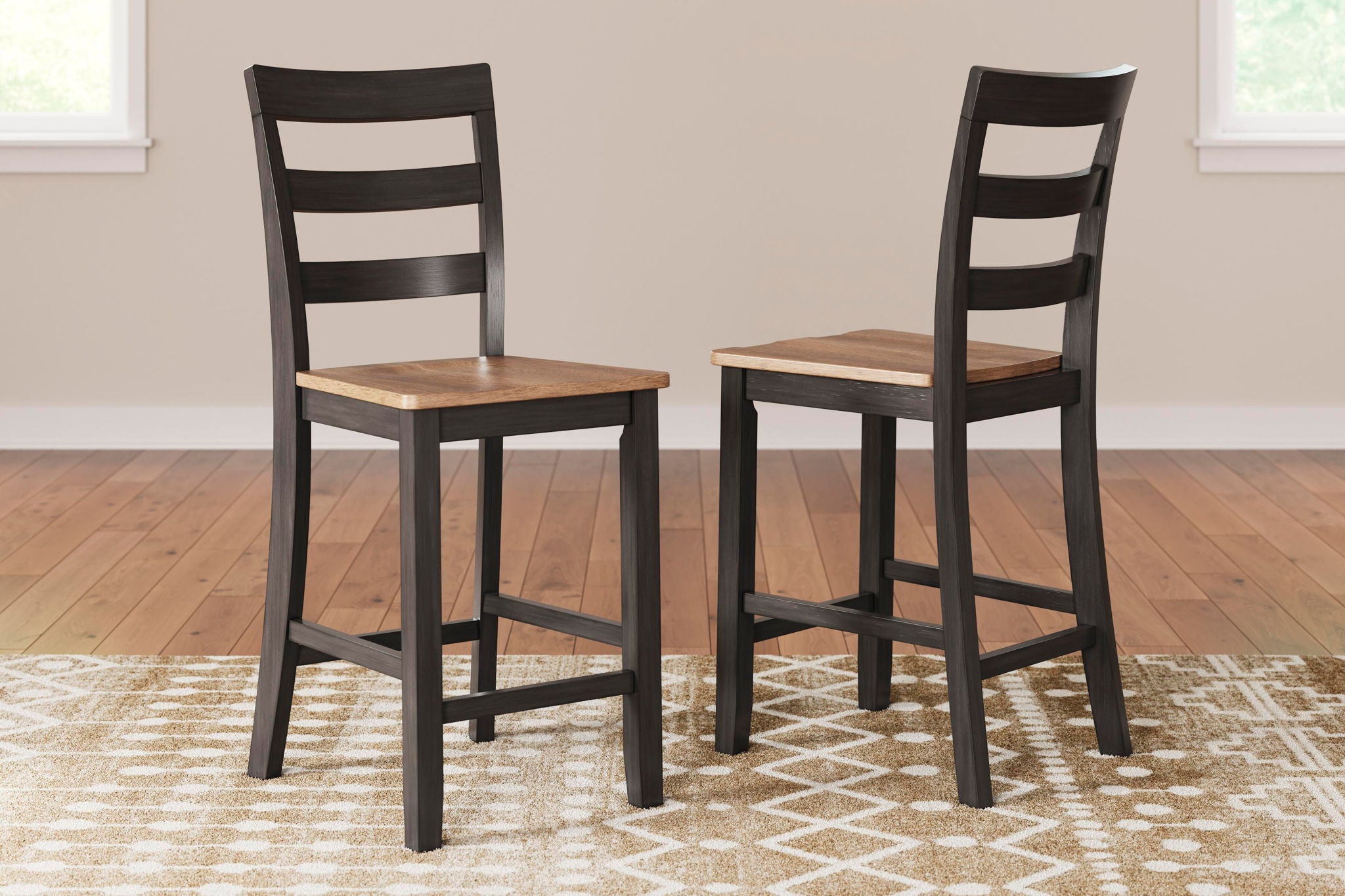 Dark brown barstools set of 2 with slatted backs and square wood seats