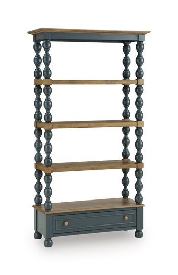 Blue and brown bookcase with three open shelves and a drawer base, turned pedestal legs