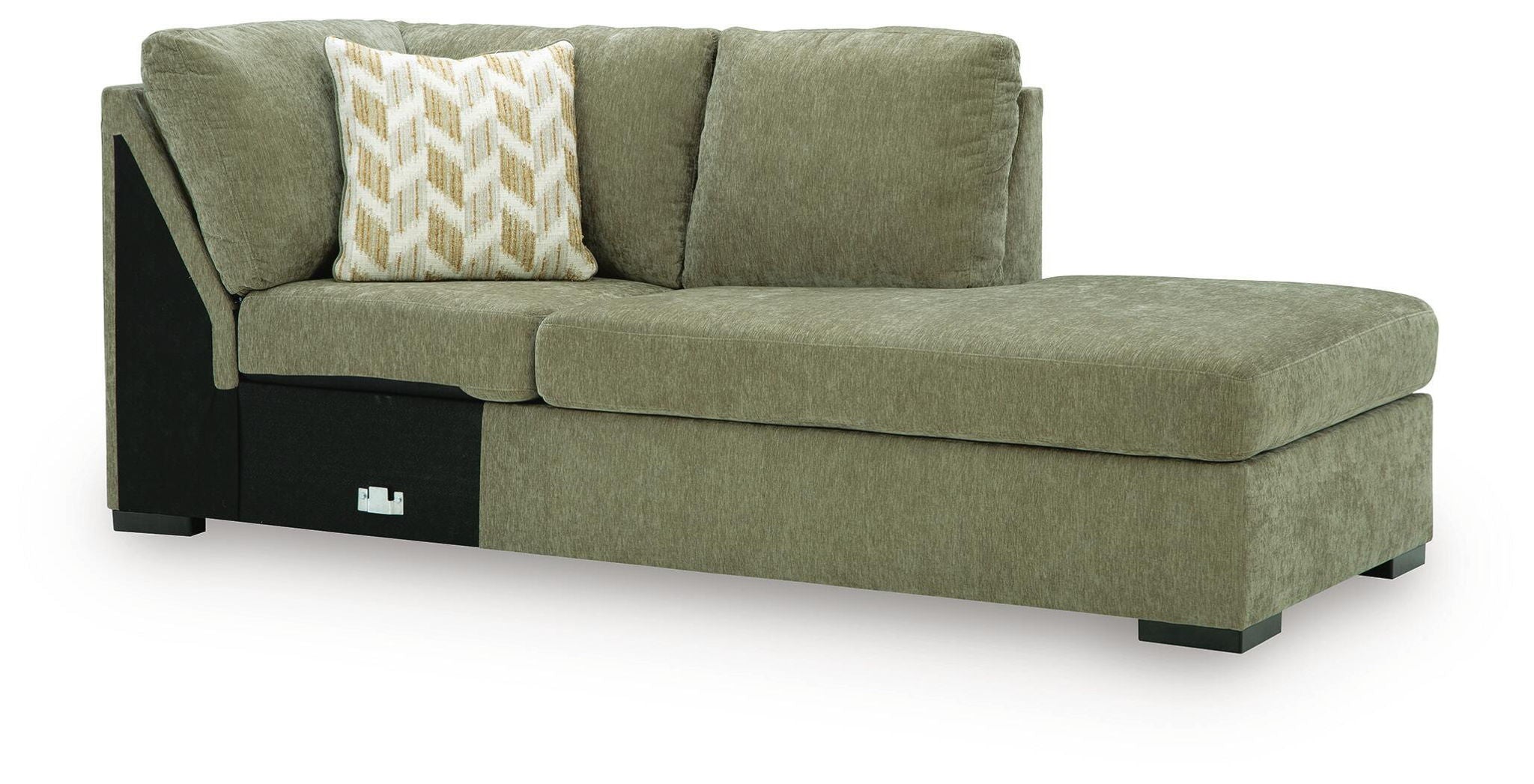 Green corner chaise with high back cushion, square arms, dark legs, and two pillows