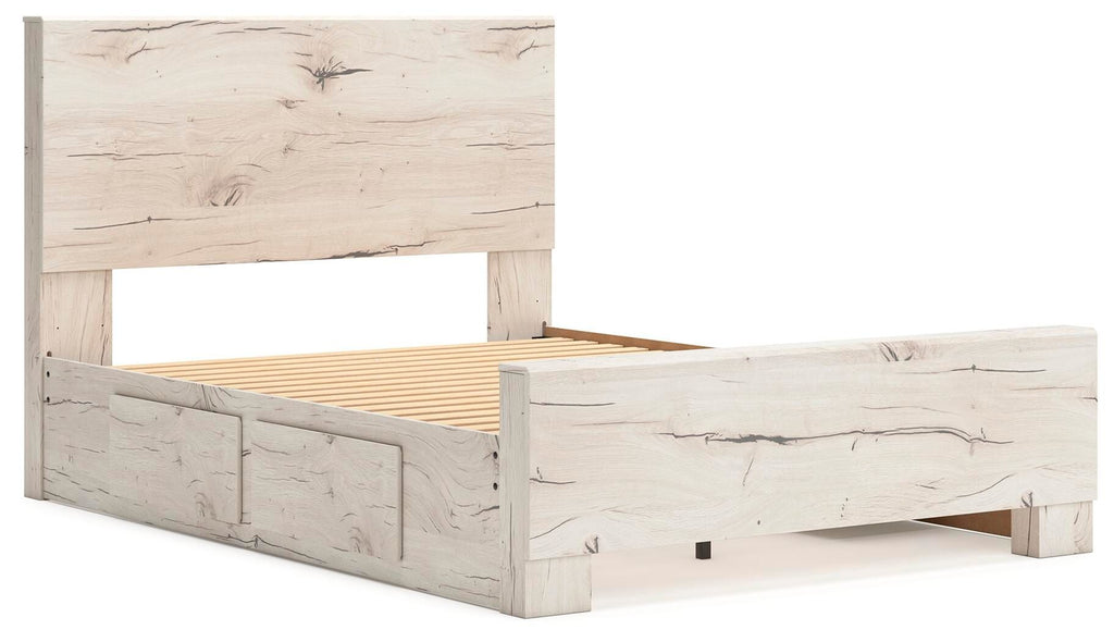 Panel bed with storage in light beige wood grain, open underbed storage compartment