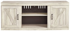 Light beige wood TV stand with two panel doors and central open shelf