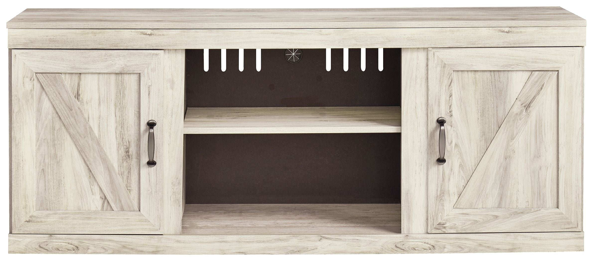 Light beige wood TV stand with two panel doors and central open shelf