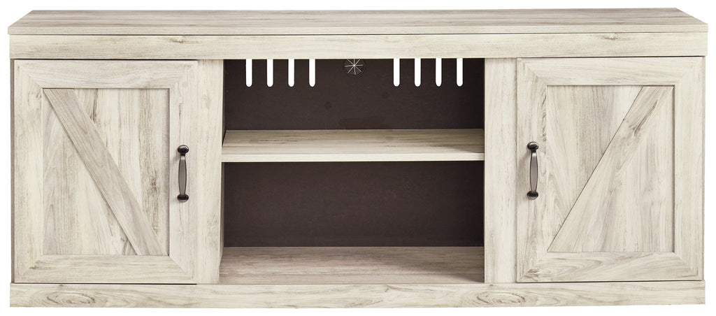 Beige entertainment center with two side cabinet doors and open center shelves