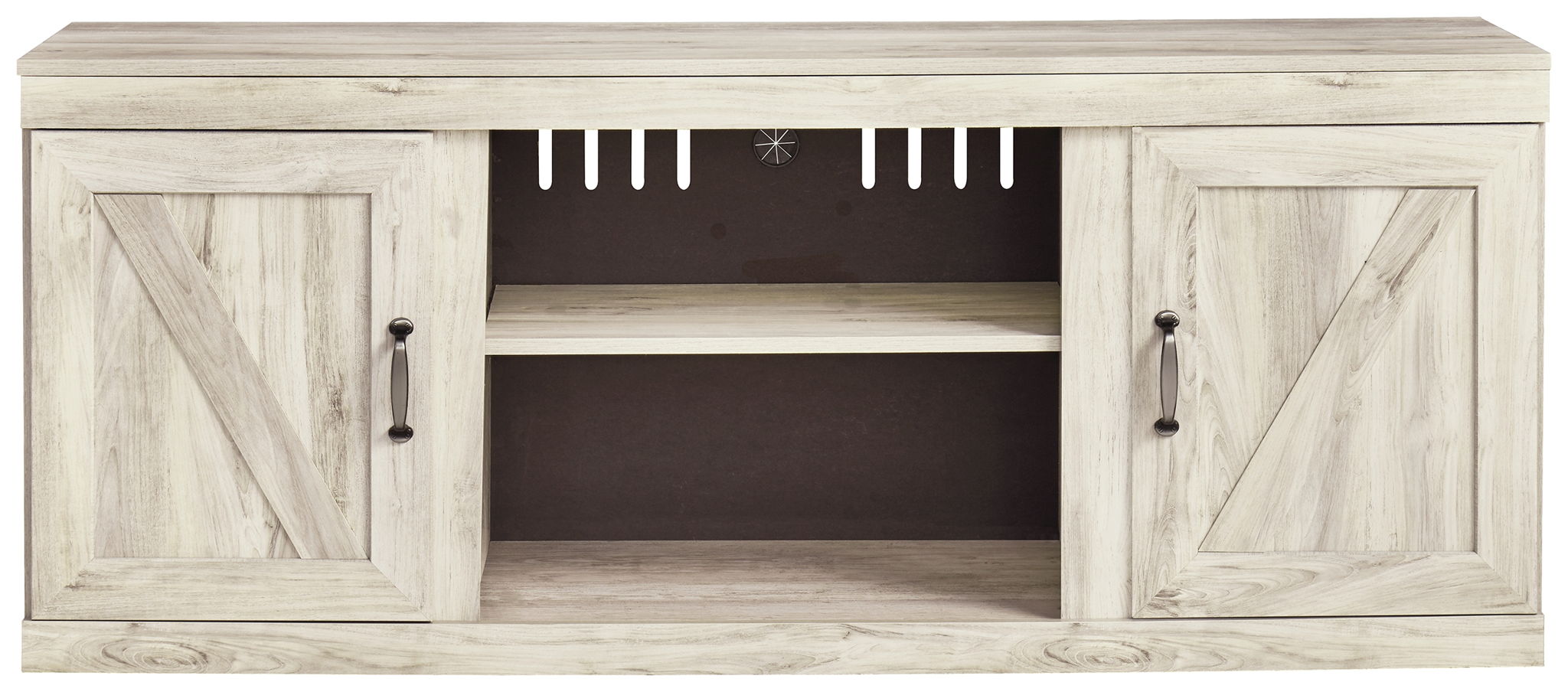 Beige entertainment center with two side cabinet doors and open center shelves