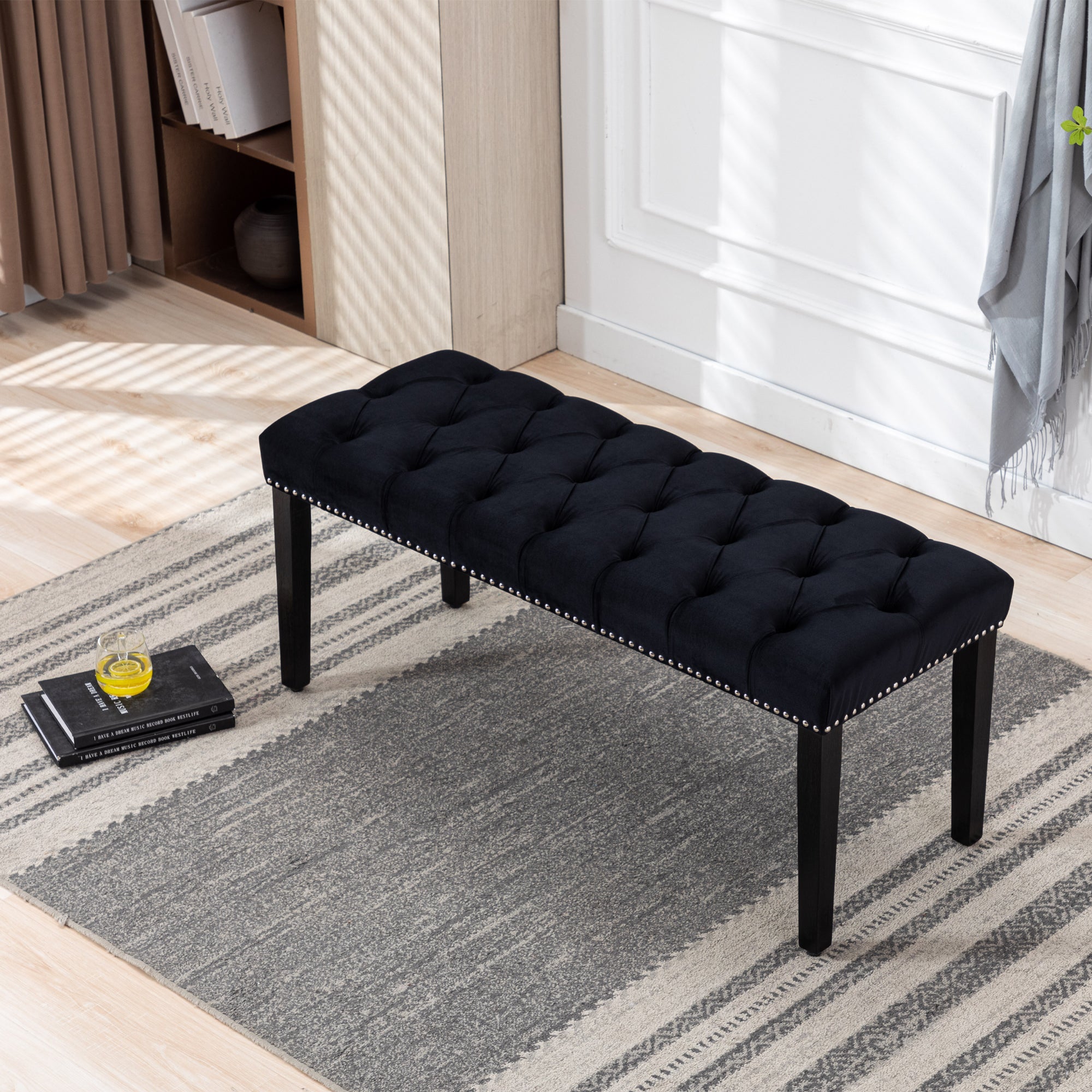 Black Velvet Tufted Bench Ottoman for Entryway Dining Bedroom