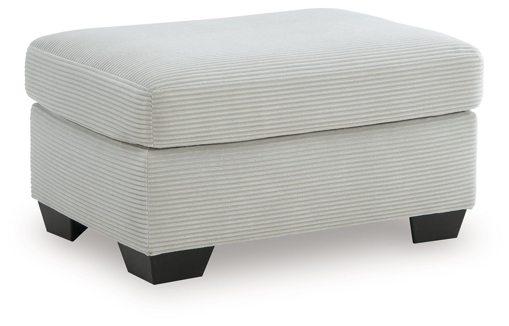 Light gray upholstered ottoman with rounded lid, ribbed fabric and dark square legs