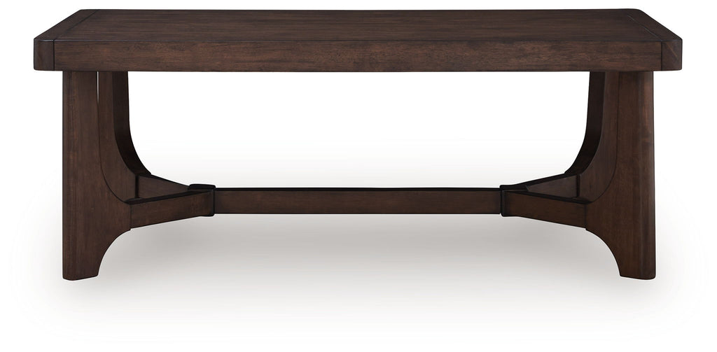 Dark brown rectangular cocktail table with curved underside frame and solid legs