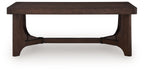Dark brown rectangular cocktail table with curved underside frame and solid legs