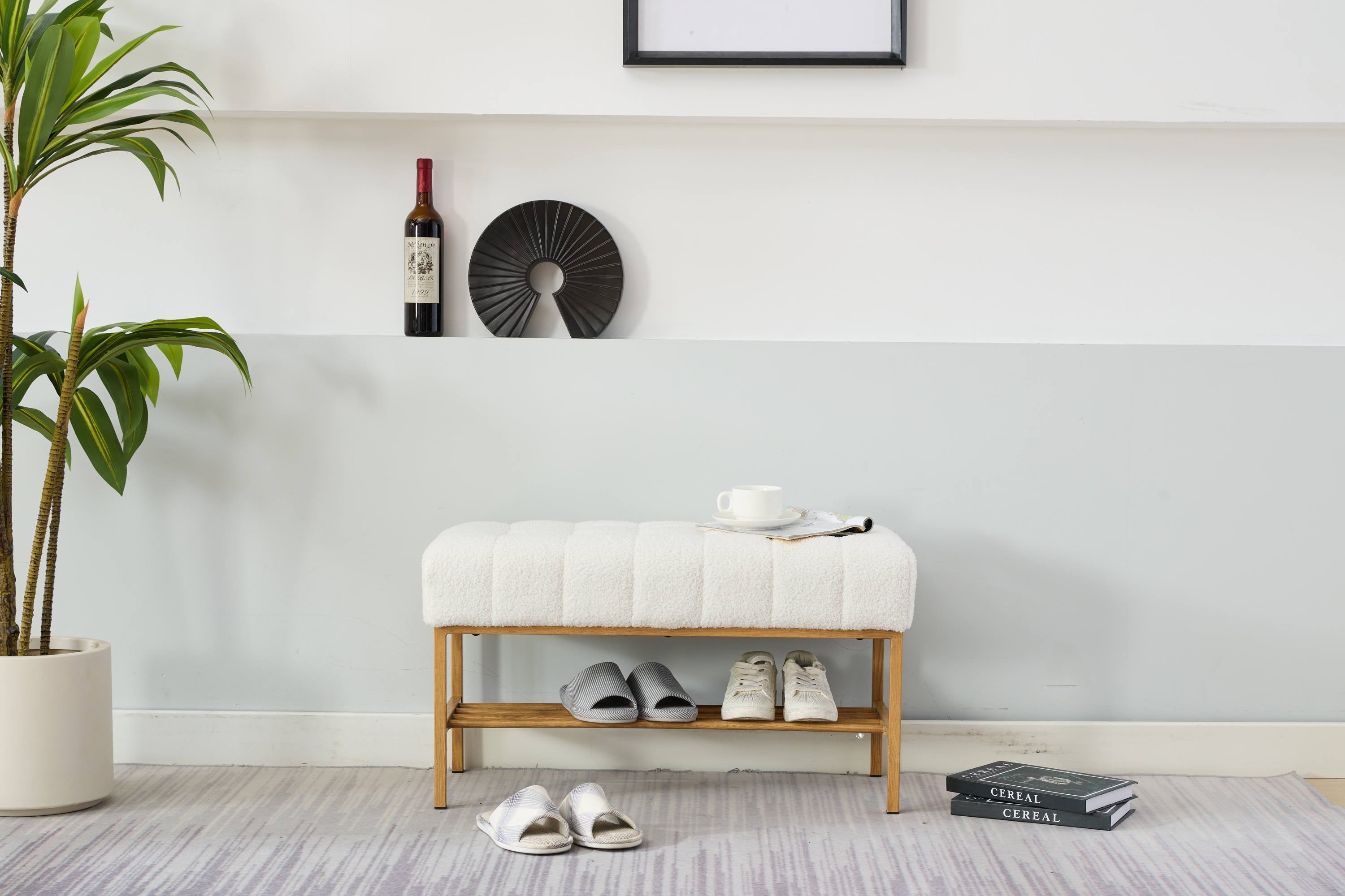 Upholstered Storage Bench with Shelf - Linen White