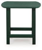 Green rectangular end table with rounded slatted top and open lower shelf