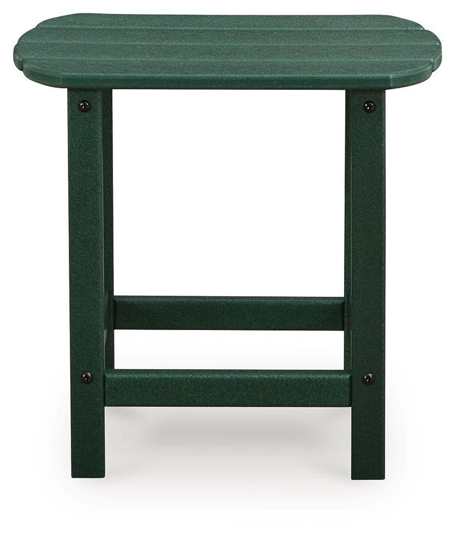 Green rectangular end table with rounded slatted top and open lower shelf