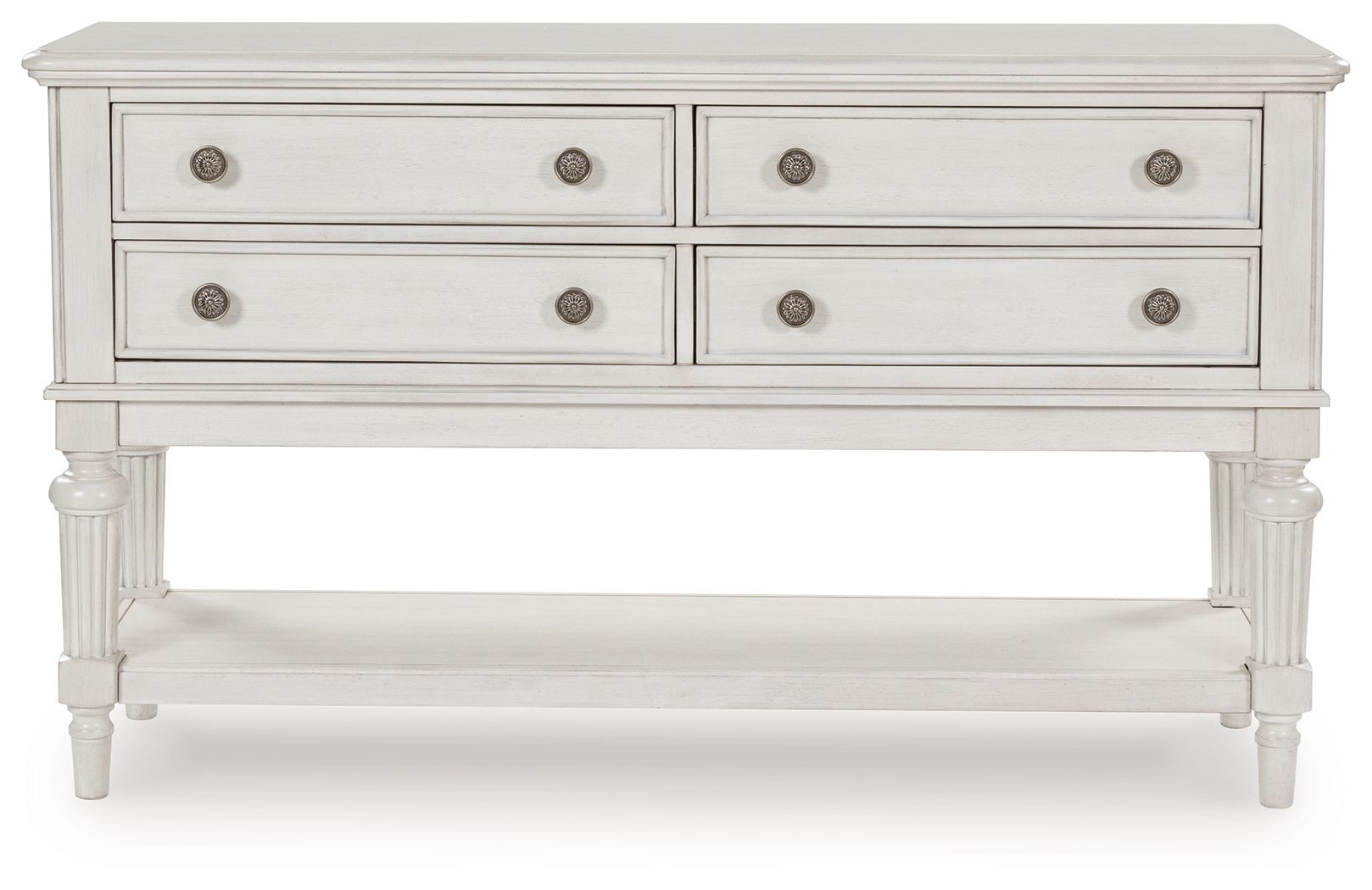 Antique white dining room server with four drawers and turned legs