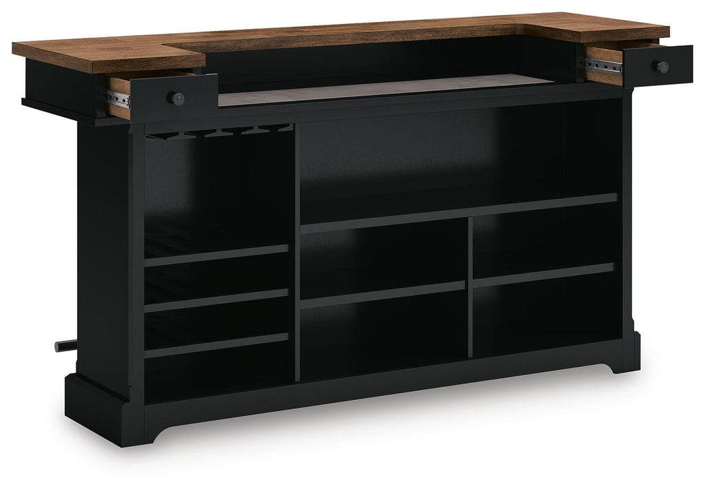 Brown wooden top bar cabinet with black doors and open shelving interior