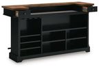 Brown wooden top bar cabinet with black doors and open shelving interior