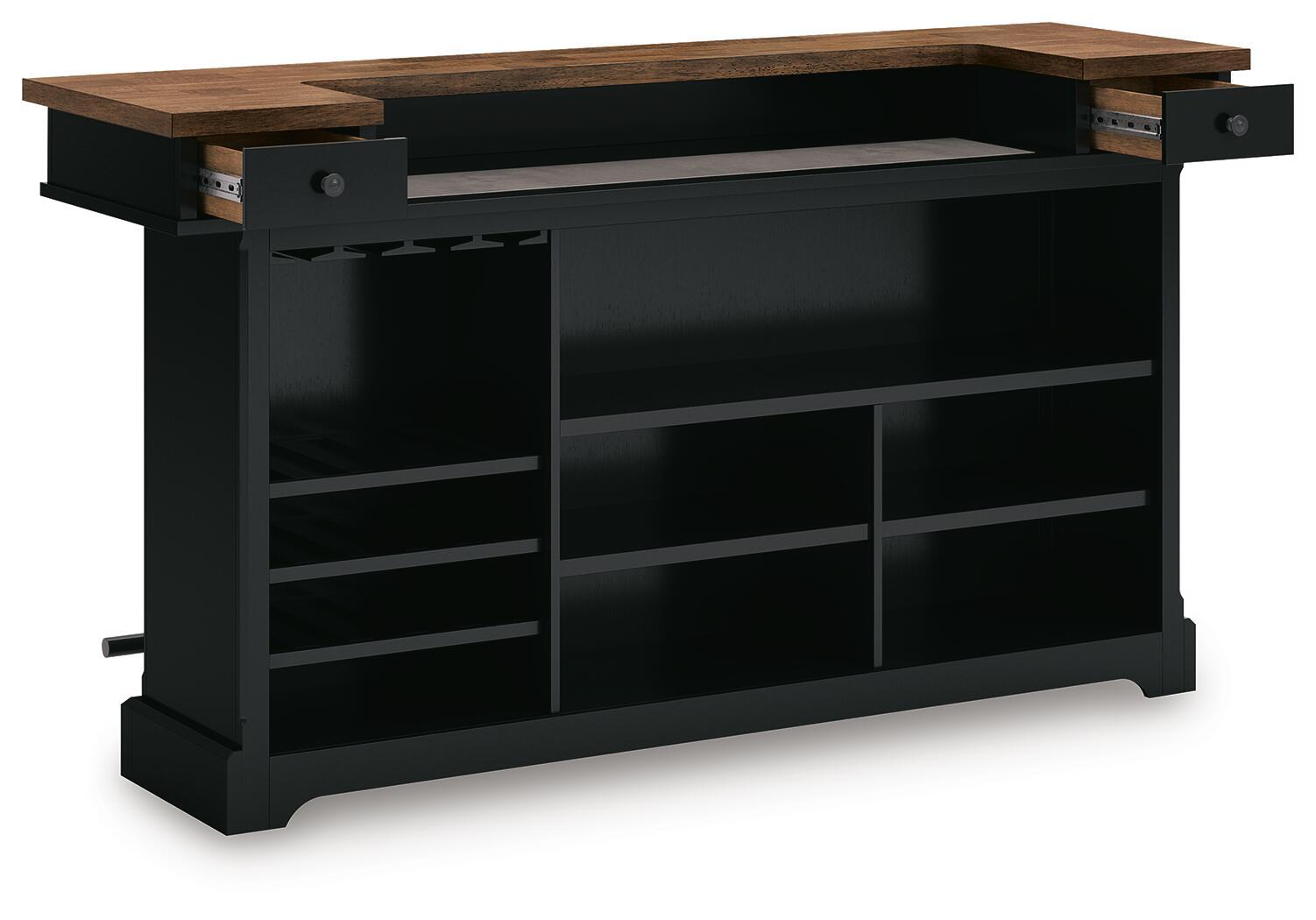 Brown wooden top bar cabinet with black doors and open shelving interior