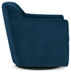 Dark blue swivel accent chair with wide arms, padded seat, and curved rotating base