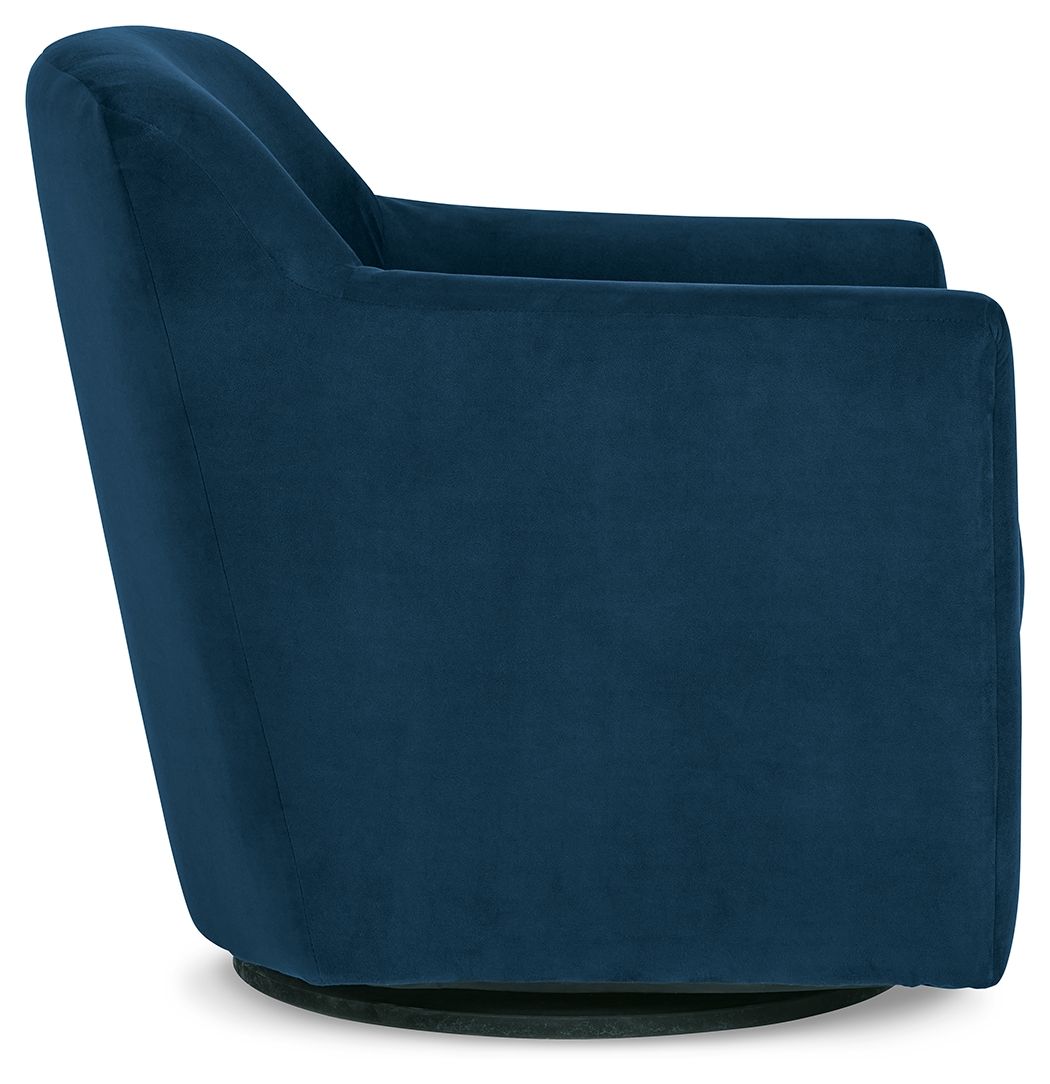 Dark blue swivel accent chair with wide arms, padded seat, and curved rotating base