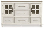 Antique-style dresser in antique white with brown top, side cabinet doors and drawers