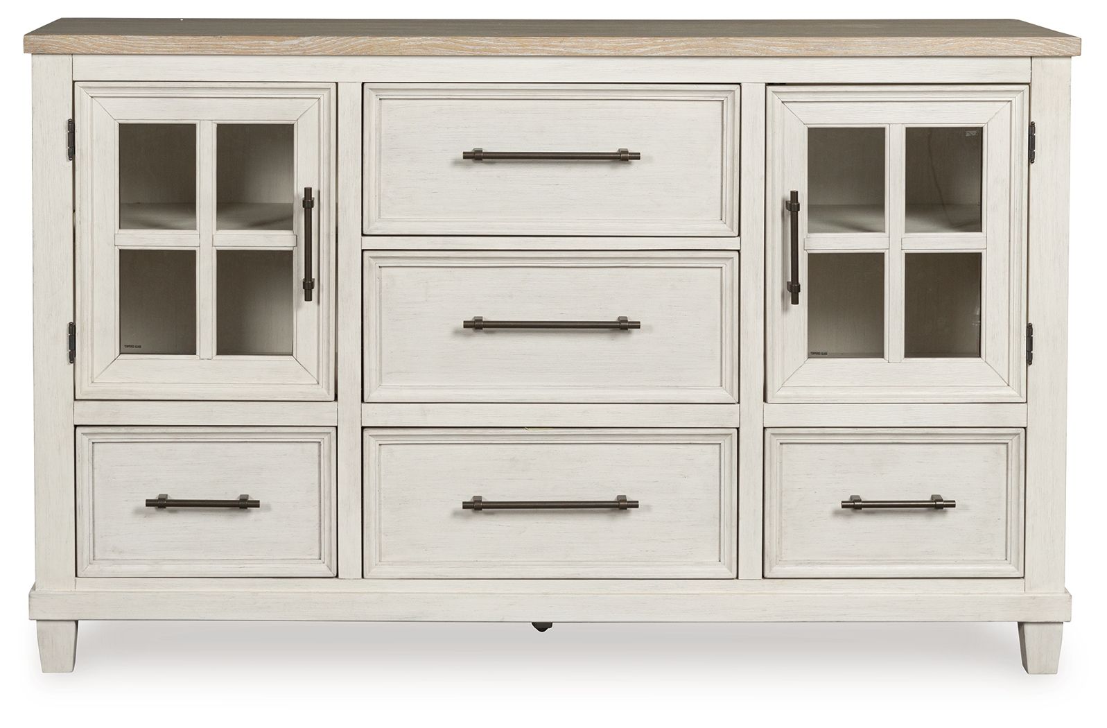 Antique-style dresser in antique white with brown top, side cabinet doors and drawers