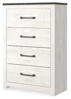 White wood chest of drawers with dark top and four bar pulls