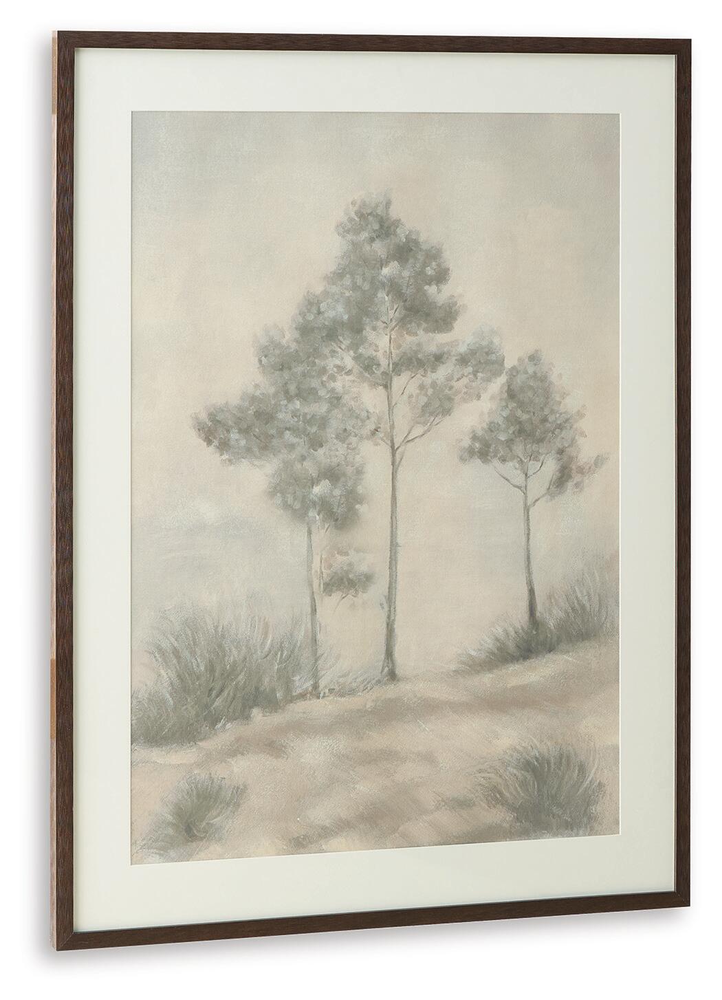 Brown wood-framed landscape wall art featuring tall trees and grassy foreground