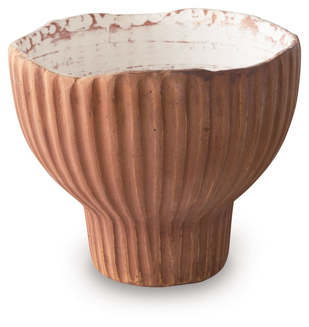 Sienna and white vase with vertical ribbed texture and wide flared rim