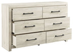 Cambeck whitewash dresser with six drawers and black bar handles, some drawers pulled open