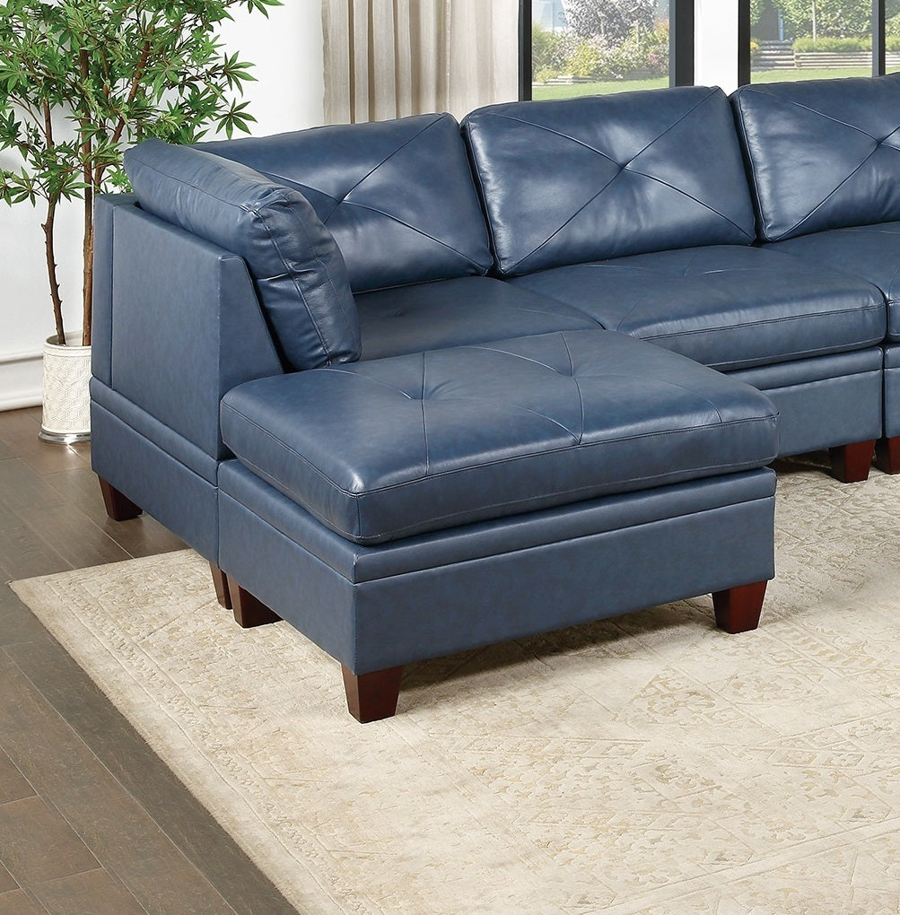 Ink Blue Leather Sectional w/ Corner & Ottomans